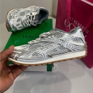 Bottega Veneta Metallic Silver and White Sneakers